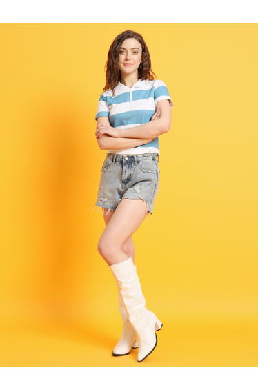 Women Blue Striped Polo T-Shirt