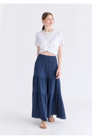 Cheesecloth Shirred Waist Tiered Maxi Skirt