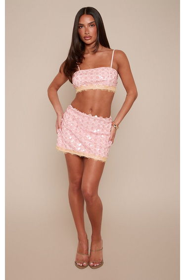 Baby Pink Flower Sequin Lace Trim Bralette Co-ord