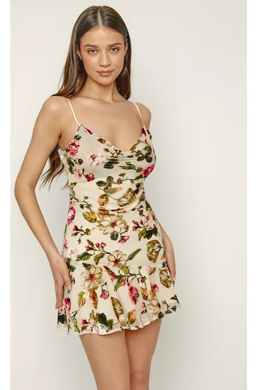 Cream Rose Devore Cowl Mini Dress