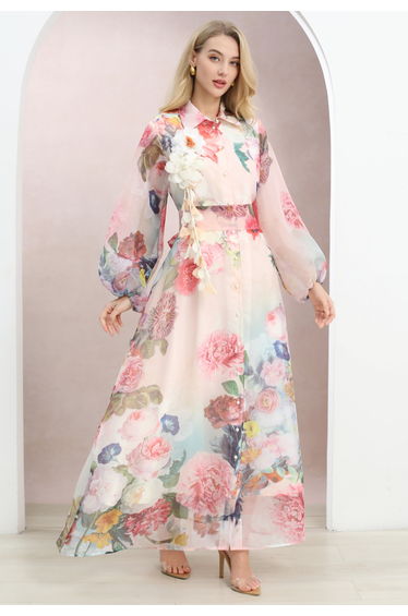 Floral-Kissed Button-Down Organza Maxi Dress with Brooch in Pink for Romantic Retreats & Sunset Dinners