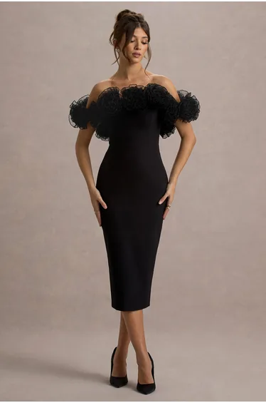 Alizzi | Black Bardot Midi Dress With Ruffle Trim