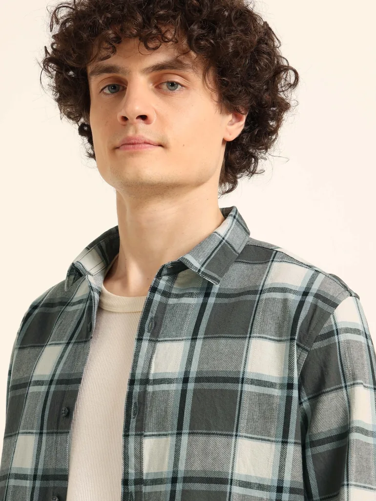 Men Grey Checked Flannel Shirt - 3