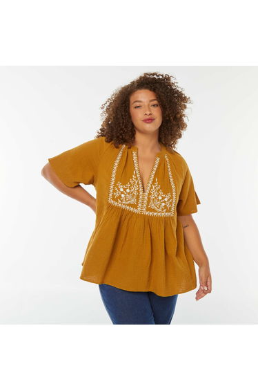 Cotton gauze blouse with embroidered neckline RED