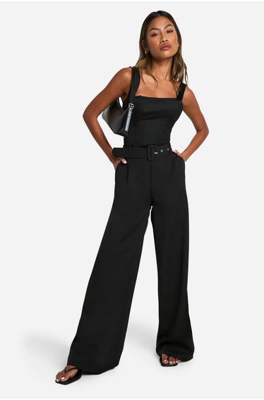 Self Fabric Belted Wide Leg Trouser - black
