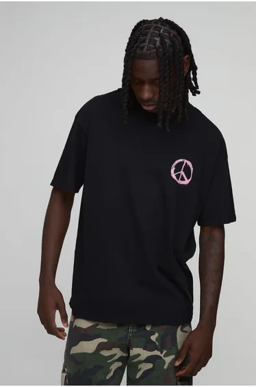 Oversized Graffiti Floral Print T-Shirt - black
