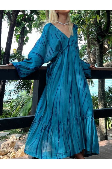 Loose Raglan Sleeve Printed Split-Joint V-Neck Maxi Dresses