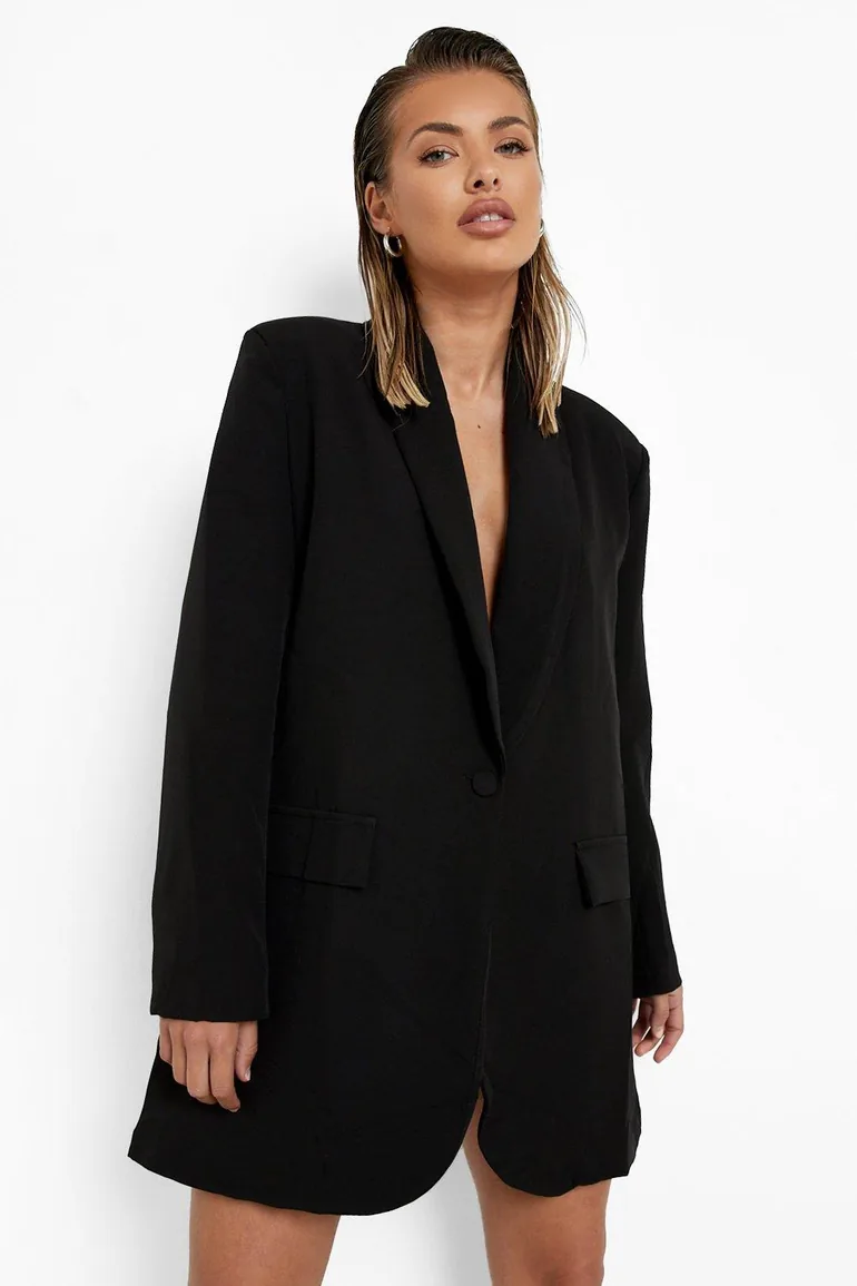 بليزر بتصميم واسع بأكتاف مبطنة بياقة عميقة - أسود - 2