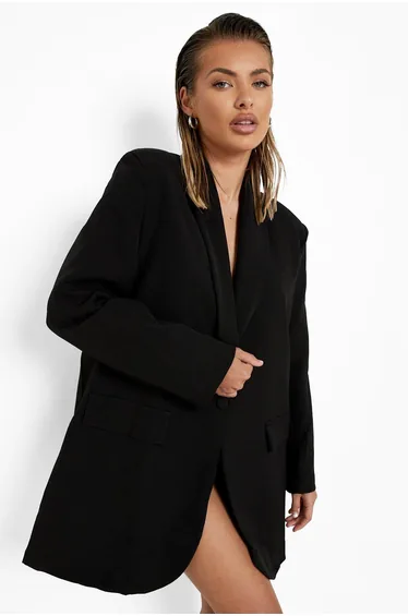 Shoulder Pad Plunge Oversized Blazer - black