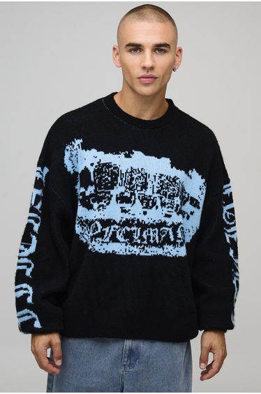 Oversized Boxy OFCL Grills Graphic Brushed Knitted Jumper - black
