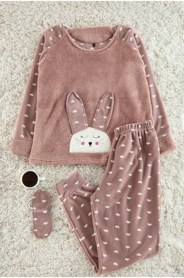 Beige 3-Piece Heart Sleep Band Polar Knitted Pajama Set