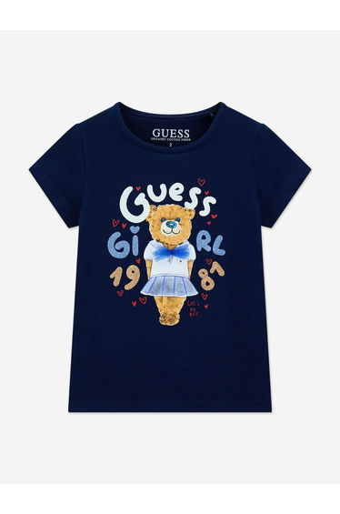 Guess Girls Bear Print T-Shirt in Navy