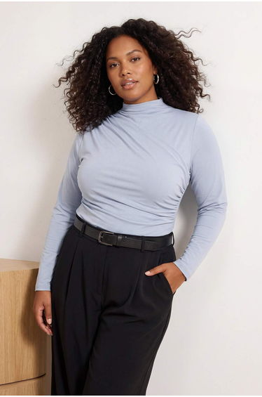 Gray Sandy Ruched Detail Long Sleeve Knitted Large Size Blouse