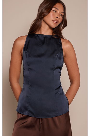 Charcoal Racer Back Longline Detail Satin Top