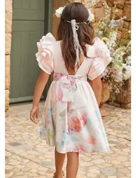 Emilie Pink Ruffle Sleeve Border Print Dress - 9