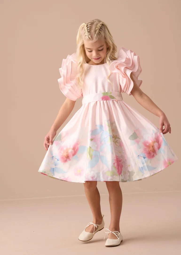 Emilie Pink Ruffle Sleeve Border Print Dress - 1