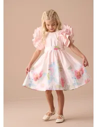 Emilie Pink Ruffle Sleeve Border Print Dress - 1