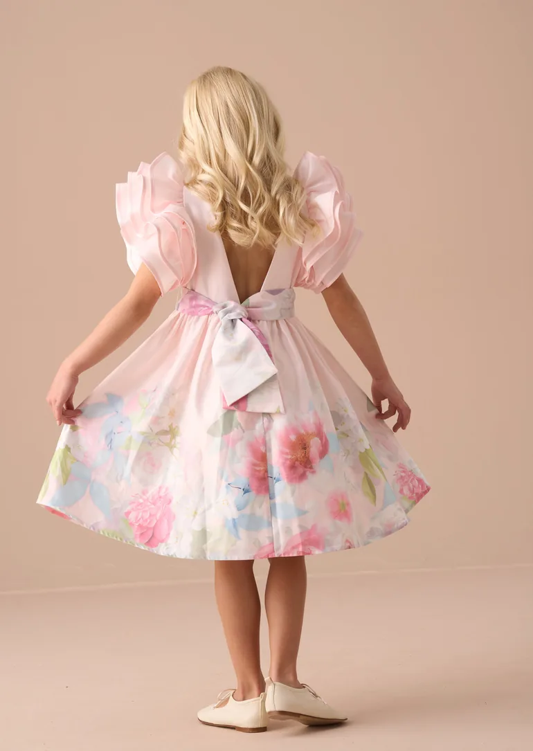 Emilie Pink Ruffle Sleeve Border Print Dress - 2