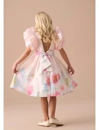 Emilie Pink Ruffle Sleeve Border Print Dress - 2