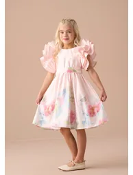 Emilie Pink Ruffle Sleeve Border Print Dress