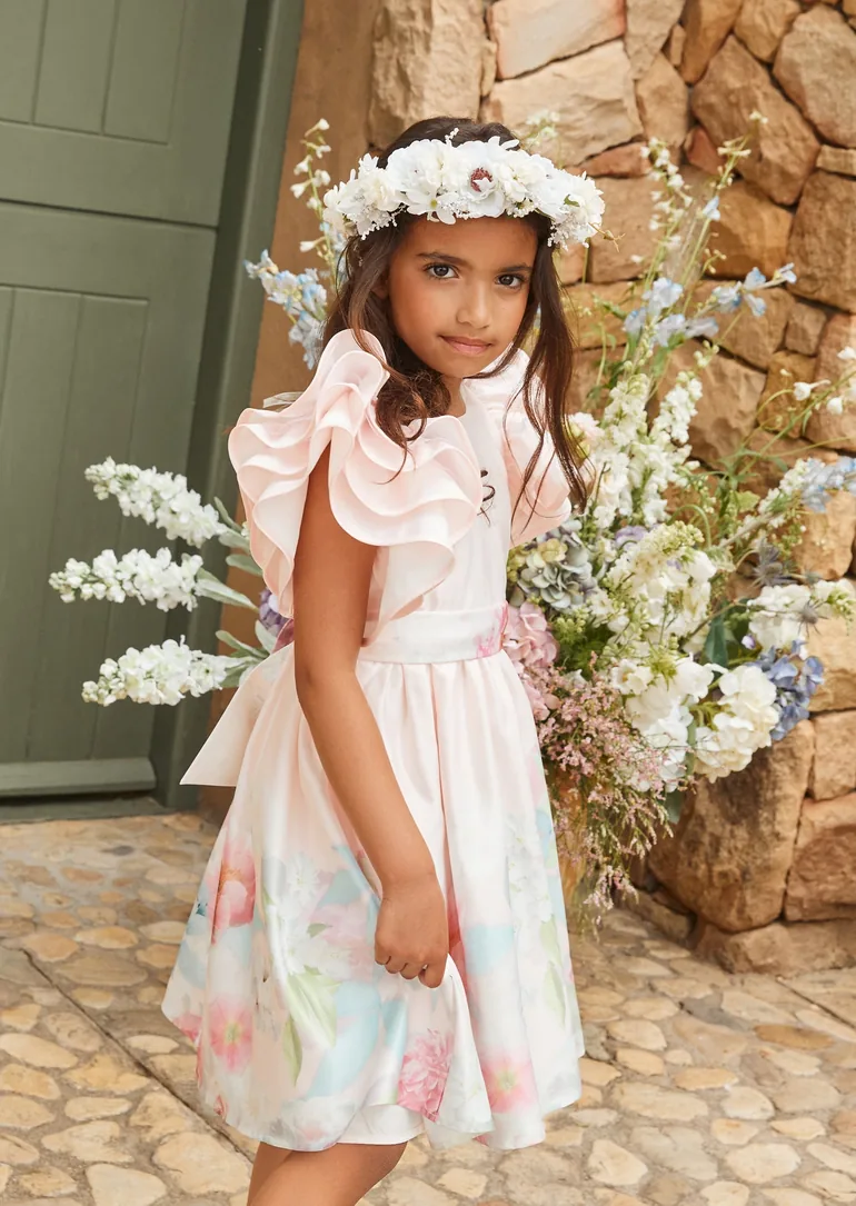 Emilie Pink Ruffle Sleeve Border Print Dress - 8