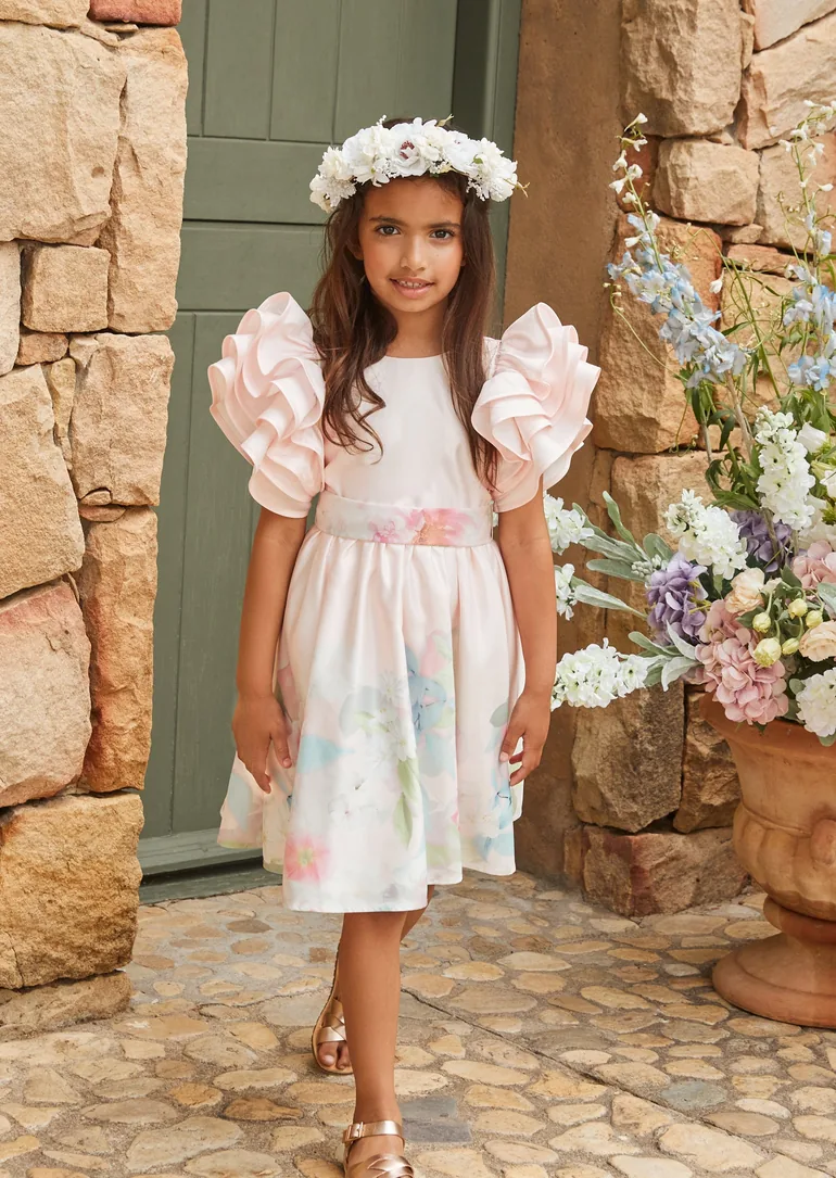 Emilie Pink Ruffle Sleeve Border Print Dress - 7