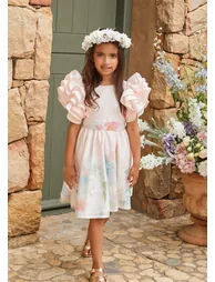 Emilie Pink Ruffle Sleeve Border Print Dress - 7