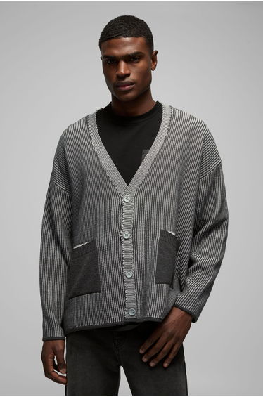 Oversized Boxy Dropped Shoulder Plated Ribbed Knitted Cardigan - charcoal