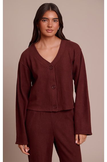 Chocolate Brown Soft Brushed Chunky Rib Boxy Cardigan
