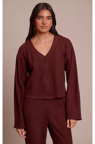 Chocolate Brown Soft Brushed Chunky Rib Boxy Cardigan