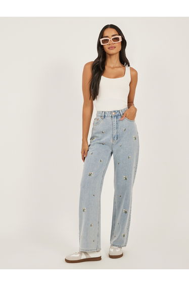 Straight Fit Embroidered Faded Jeans