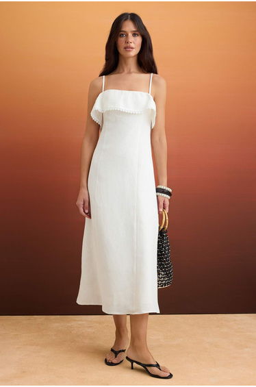 White 100% Linen Ruffle Detailed Maxi Woven Dress