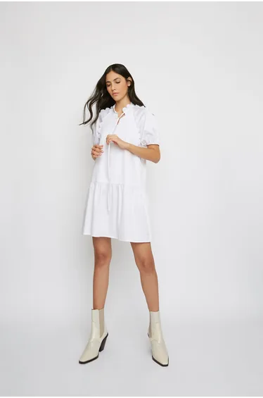 White Tie-Neck Smock Mini-Dress
