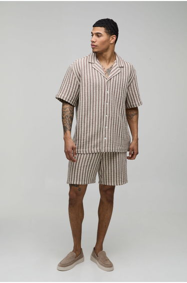Oversized Open Weave Shirt and Short Set - brown product thumbnail 4