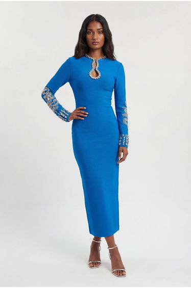 Figure Form Bandage Knit Embellished Wide Sleeve Midi Dress