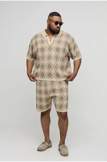 Plus Oversized Crochet Polo Shirt & Short Set - olive