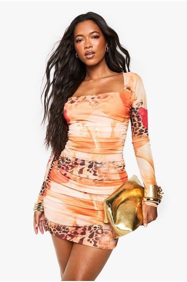 Leopard Mesh Square Neck Ruched Mini Dress - brown