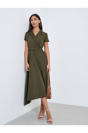 Olive Notch Lapel Midi Dress with Belt