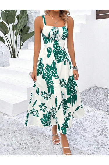 Women Green Printed Strappy A-Line Maxi Dress