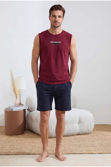 Burgundy Regular/Normal Cut Printed Cotton Athlete-Shorts Pajama Set