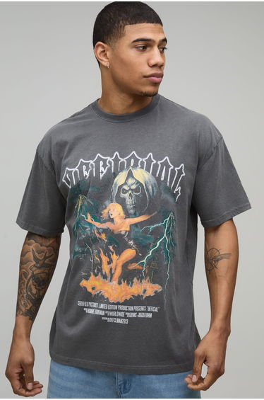Oversized Gothic Skull Printed Washed T-Shirt - washed black