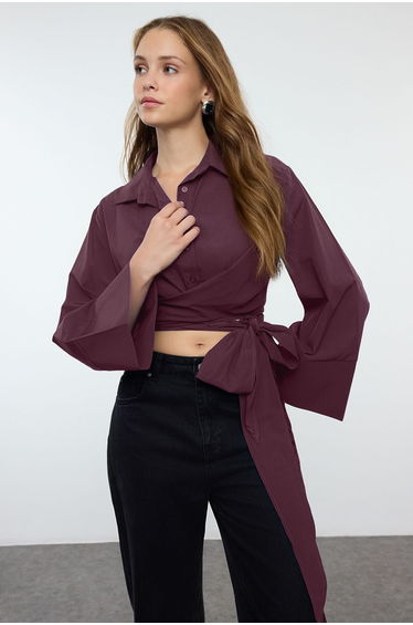 Regular Fit Woven Shirt with Plum Tie Detail