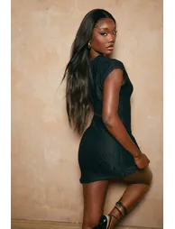 Slash Neck Textured Rib Mini Dress - black - 1