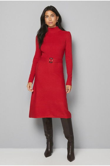 Rib Detail High Neck Belted Knitted Dress