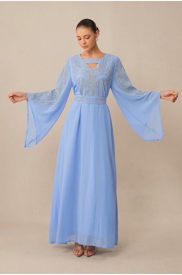 Special Invitation Blue Rhinestone Flare Sleeve Maxi Dress