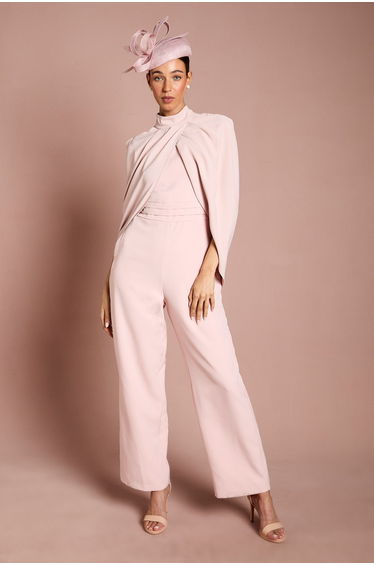 Lisa Tan High Neck Cape Sleeve Wide Leg Jumpsuit