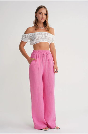 Mixray High Waist Textured Muslin Fabric Pants