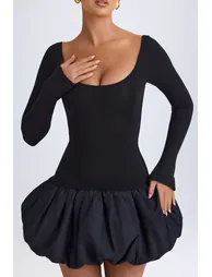 Scoop-Neck Drop-Waist Bubble Hem Mini Dress in Black - 4
