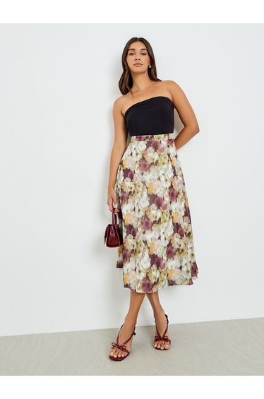 Floral Print Strapless A-Line Midi Dress
