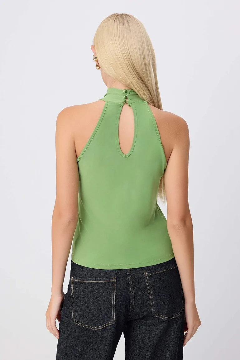 Oil Green Halter Collar Off Shoulder Knitted Blouse - 3
